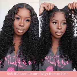 Bugtum Deep Wave Curly 5x5 Hd Lace Closure Glueless wigs Human Hair Pre Plucked Pre Cut Wear and Go Lace Front Wigs for Black Women Human Hair (26 Inch)