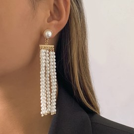 Jumwrit Pearl Long Tassel Earrings Open Huggie Hoop Earrings Boho Pearl Chandelier Earrings Heart Pearl Dangle Drop Earrings for Women and Girls