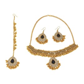 Ethnic Indian Jhumka Tassel Rhinestone Choker Necklace Earrings Maang Tikka 3 Pcs Set Oxidized Ancient Gold Bohemian Traditional Jhumki Pendant Crystal Retro Bollywood Statement Gypsy Wedding Bridal Jewelry for Women (Black)