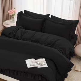 Horbaunal 5 Pcs Black Ruffle Duvet Cover Full Size Soft Microfiber Shabby Chic Ruffled Duvet Cover Set, Vintage French Country Ruffle Bedding Set with Zipper Closure & Corner Ties, 80" x 90"