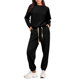 PRETTYGARDEN Women's 2 Piece Tracksuit Outfits Casual Long Sleeve Top High Waisted Sweatpants Lounge Jogger Set (Black,Large)