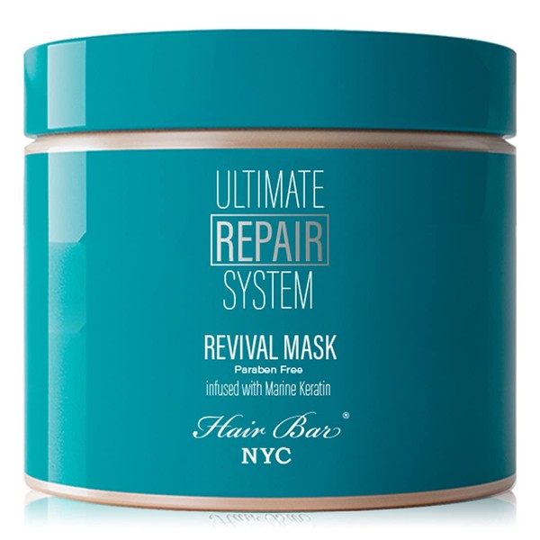 Hair Bar NYC Ultimate Hair Repair System Revival Hair Mask - Protein Repair Boost for Dry Damaged and Color Treated Hair, Infused with Marine Keratin & Biotin 16.9oz 500ml
