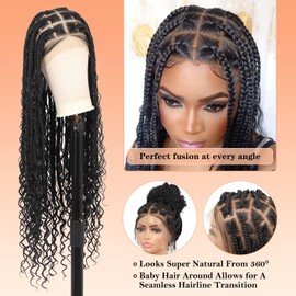 Brinbea 360° HD Full Lace Braided Wigs for Women Knotless Boho Braided Wigs Box Braid Wig with Baby Hair Human Hair Blended Black Long Braided Lace Front Wigs 36 Inch