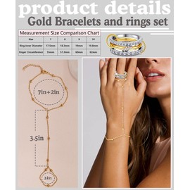 BOMAIL Gold Hand Chain Bracelet and Ring Set for Women 14K Gold Plated Trendy Finger Ring Link Bracelet Minimalist Stackable Hand Chain and CZ Finger Rings Set Jewelry for Women