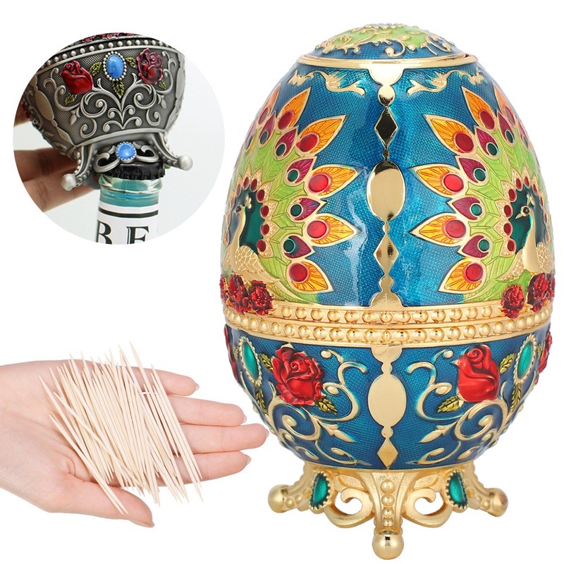 Toothpick Holder Retro Metal Peacock Egg Shape Portable Multifunctional Storage