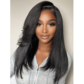 UNICE Yaki Straight Human Hair Drawstring Wig with Side Bangs Bye Bye Knots 7X5 Lace Front Glueless Wigs Human Hair Pre Plucked Pre Cut Natural Looking 150% Density 14 inch