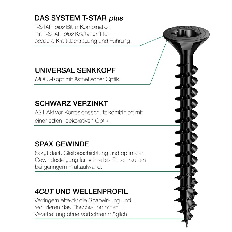 Spax T-Star plus Universal Countersunk Head Screw, Black, Full Thread,