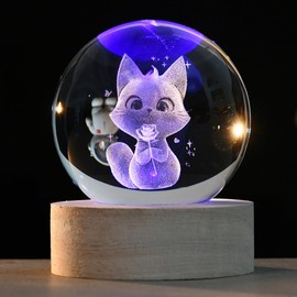 ZRENJHUS 3D Cat Crystal Ball Cat Lovers Gift Cat Themed Present Novelty Cat Holding Rose Gift for Girlfriend Cat Decorative Ball 60mm with Colorful Light Base Valentine's Day Gifts