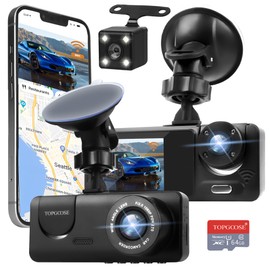 3 Channel Dash Cam WiFi FHD 1080P Car Camera 64GB TF Card,TOPGOOSE Front Dash Camera Front and Rear Inside for Cars,Mini Dashcams with Night Vision,Loop Recording,WDR,G-Sensor, APP