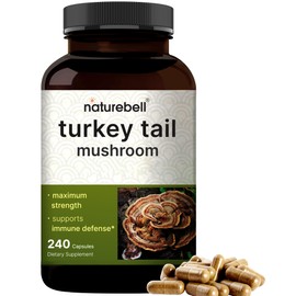 NatureBell Turkey Tail Mushroom Capsules 15,000mg Per Serving, 240 Count | 25:1 Fruiting Body & Mycelium Extract – Immune & Brain Health Mushrooms Supplement.
