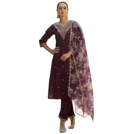 VredeVogel Women's Embroidered Viscose Rayon Kurta with Pant & Organza Dupatta Set (Purple_Medium)