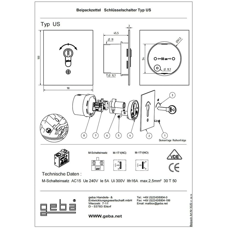 geba US 1-2T/1 Flush-Mounted Recessed Key Switch Key Button DIN