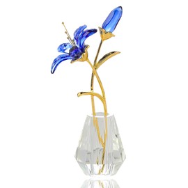 Crystal Blue Lily Flower Figurines Collectibles with Crystal Vase Gifts for Women Friends, Crystal Blue Flower with Gold Metal Stem Paperweights Decoration for Home Wedding Party Decor