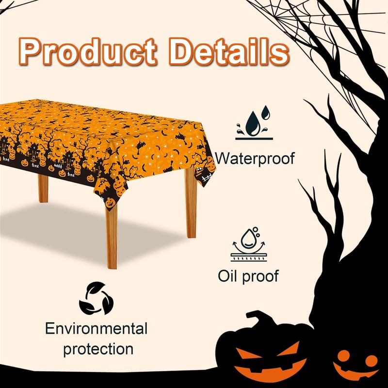 Halloween Table Cloth, Spooky Scary Pumpkin Bat Castle Halloween Decoration