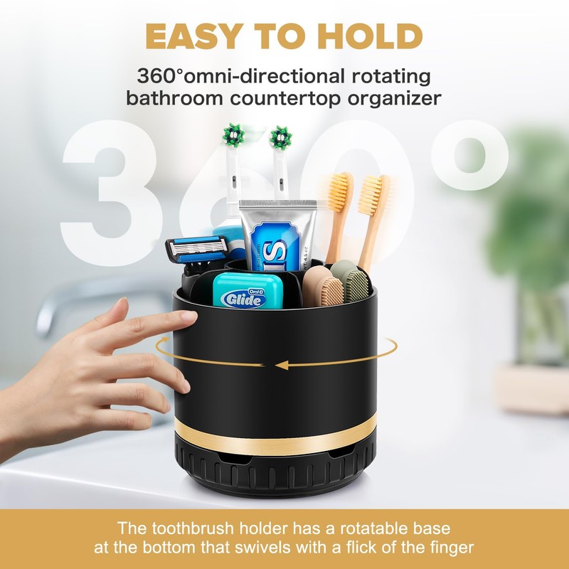 GFWARE Bathroom Organizer Countertop - Rotating Black Toothbrush Holder for