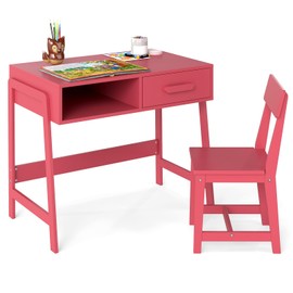 Costzon Kids Desk and Chair Set, Wooden Children Table with Drawer, Student Writing Table Computer Workstation for 3-8 Years Old, Kids Study Desk for Bedroom, School (Pink)