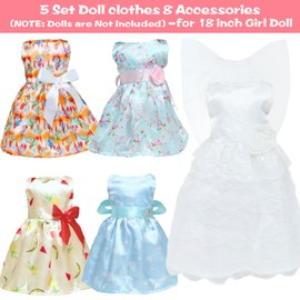 MCZQXW 5 Sets 18 Inch Girl Doll Wedding Gown, Fashion Doll Dresses, Doll Clothes & Accessories, 1 Bride Gown with Veil, 4 Satin Doll Dresses, Gift for American Doll Clothing