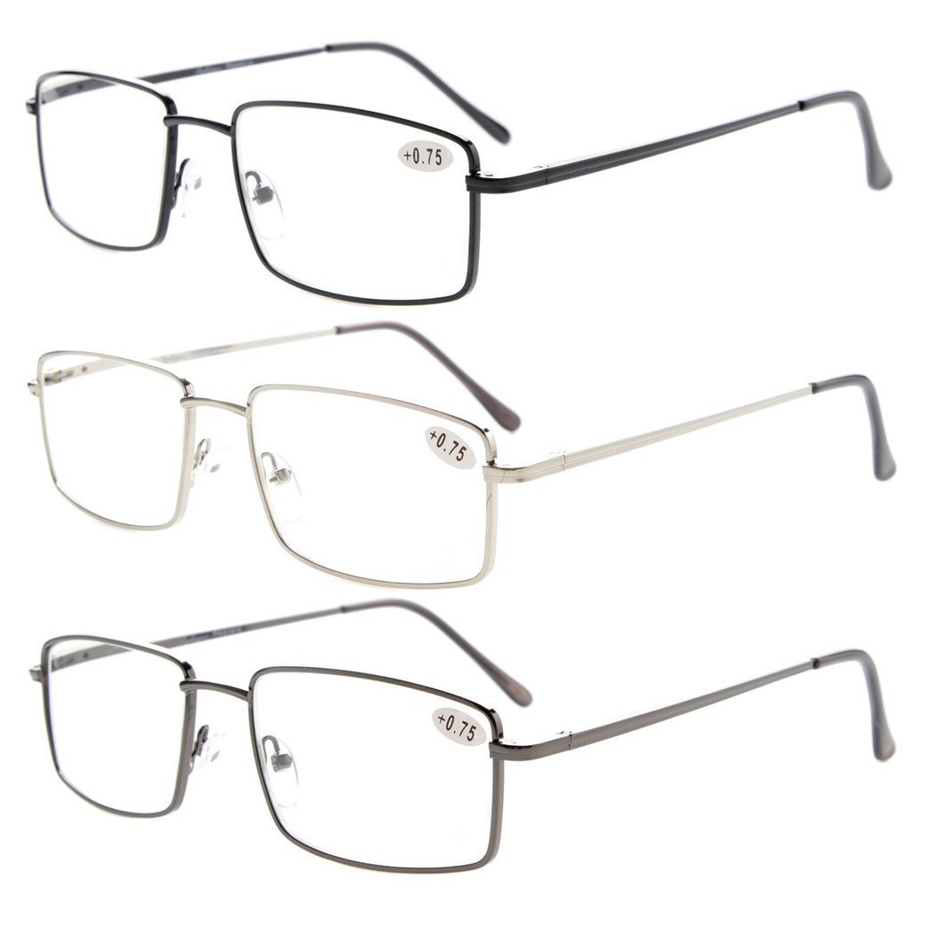 Eyekepper 3-Pack Readers Rectangular Spring Temple Large Metal Reading Glasses Men +2.0