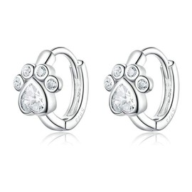 Cute CZ Cat Dog Paw Print Cartilage Small Cuff Huggie Hoop Earrings for Women Girls Sterling Silver Chic Dainty Animal Pet Lovers Sleeper Little Hoops Delicate Hypoallergenic Gifts 8mm (Silver)