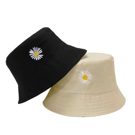 MUNSKT One Piece Bucket Hats Women,Daisy Embroidery Bucket Hat Ladies Summer Fisherman Hat Reversible Cotton Sun Hats for Hiking Camping Traveling Fishing Holidays Hiking (Double-Sided) Beige-Black