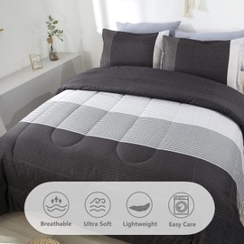 PERFEMET Queen Comforter Set 3 Pieces Bedding Set All Seasons Masculine Striped Pattern Vintage Farmhouse Soft Cozy Bedroom for Elegant Men Teen Girls Boys Dark Gray and White