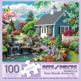 Bits and Pieces - 100 Piece Big Piece Jigsaw Puzzle for Seniors - 15" x 19" - Dream Landscape - 100 pc Spring Flowers Birds Large Lettered Pieces Mental & Physical Dexterity Jigsaw by Alan Giana