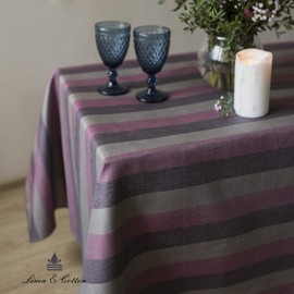 Linen & Cotton Tischdecke Wachstuch Gartentischdecke Silva - 100% Leinen, Lila Rosa Grau (147 x 220 cm) Eckig Tischtuch Tischwäsche Garten Outdoor Wasserabweisend Pflegeleicht Beschichtet