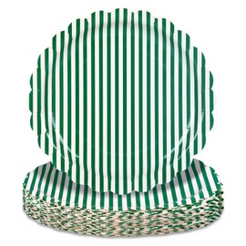 30Pcs Green Striped Paper Plates, Scalloped, Minimalist, 9 In