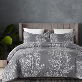 Vaulia Lightweight Microfiber Duvet Cover Set, Grey and White Floral Branches Printed Pattern - King Size