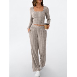 LILLUSORY Womens Lounge Sets 2 Piece Outfits Long Sleeve Two Piece Pajamas Ribbed Knit Fall 2025 Outfits Casual Clothes Khaki M
