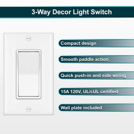 [10 Pack] BESTTEN 3-Way Decorator Wall Light Switch with Wallplate, 15A 120V, On/Off Paddle Rocker Interrupter, UL Listed, White