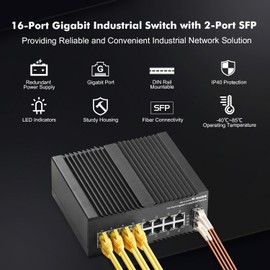 MokerLink 16 Port Gigabit Industrial DIN-Rail Ethernet Switch, 2 Gigabit SFP Ports, Unmanaged IP40 Network Switch (-40 to 185°F), with Power Supply