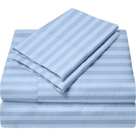 Extra 30" Pocket Giza-Egyptian-Dreams-Set-My-Sheet-&-Pillow, 100% Giza Egyptian Cotton Sheet Set |Twin Size, Light Blue Stripe Color| 4-PC Sheet Set, Silky Satin Breathable Giza Cotton Sheets Set