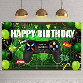 Video Game Happy Birthday Backdrop Video Game Party Decorations Game on Birthday Party Backdrop Banner Level Up Gaming Party Background Photo Props (180 * 110cm, Green)