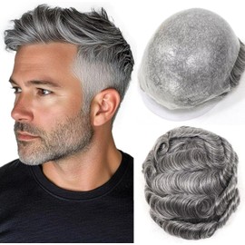 HAPPY&CC Tupé para hombre, peluquín de piel fina de PU, sistema de reemplazo de cabello humano virgen europeo, prótesis capilar masculina con 60% de cabello sintético gris, 25 x 20 cm