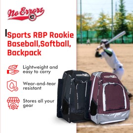 No Errors Sports RBP Rookie Baseball and Softball Backpack - Baseball and Softball Bat Bag with Fence Hooks for Kids, 2 Bat Pockets Bag for Boys and Girls(Maroon)