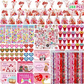 268 Pcs Kids Valentines Day Gifts for School Classroom Exchange Valentines Goodie Bags Stuffers Valentines Day Cards for Kids Party Favors Class Treats Valentines Stationery Set