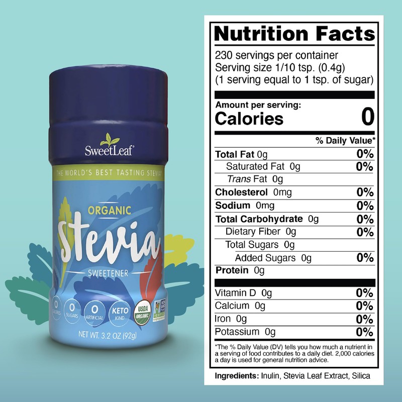 SweetLeaf Organic Stevia Powder Shaker Jar - Zero Calorie Sweetener