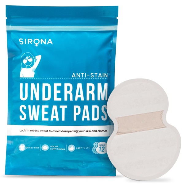 Sirona Disposable Underarm Sweat Pads - 12 Pads, Antiperspirant Absorbent Odour Blocker Pads Armpit Dress Shields, Fights Hyperhidrosis