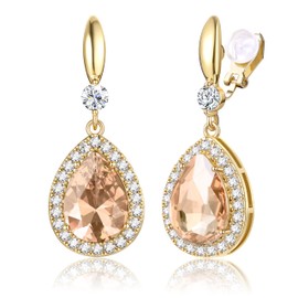 THUNARAZ Elegant Clip on Earrings for Women,Sparkling Teardrop Dangle Clip Earrings,Non-Pierced Champagne Rhinestone Cubic Zirconia Wedding Prom Jewelry 14K Gold