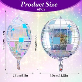 Large Disco Ball Balloons, 6 PCS 4D Sphere 22 Inch Groovy Disco Ball Decor 70s 80s Hanging Party Decorations Bachelorette Party Decorations for Themed Partys Birthday Prom (Silver)