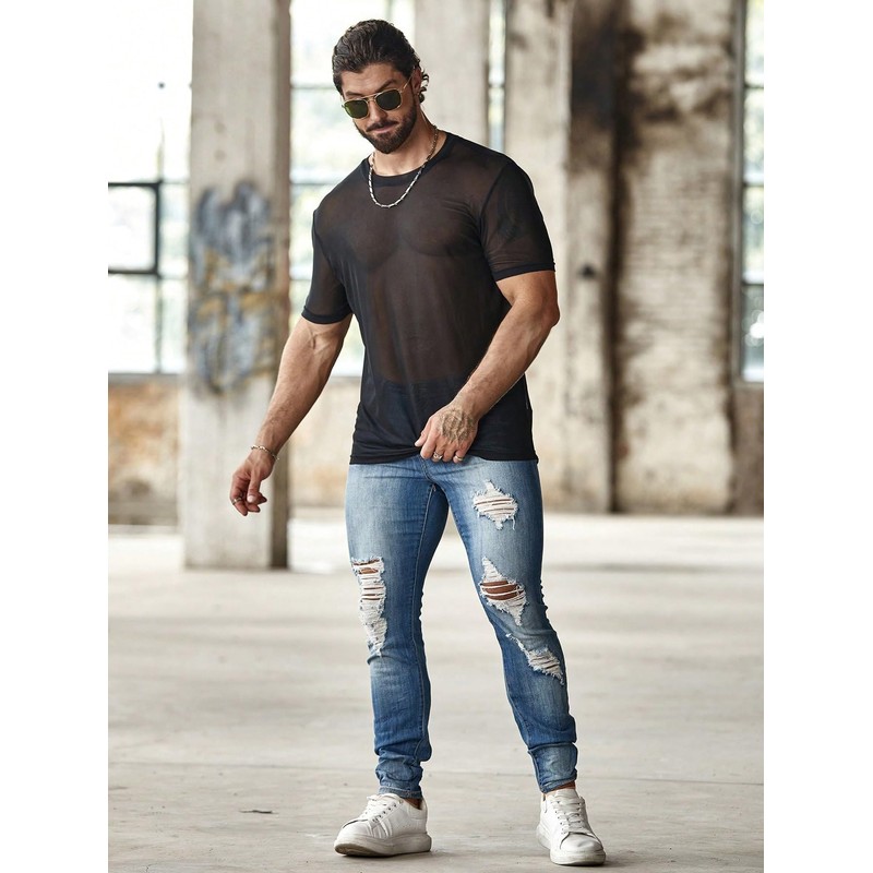 OYOANGLE Men's Sheer Mesh Short Sleeve Round Neck T Shirts