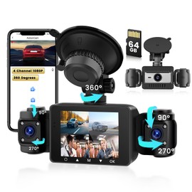 Inefala 4 Channel Dash Cam Car, 360 Degree Dashcam FHD 1080Px4 Front Rear Inner Left and Right - Loop Recording, G-Sensor, Night Vision, Parking Monitoring, Backup Assistant with 64GB SD Card