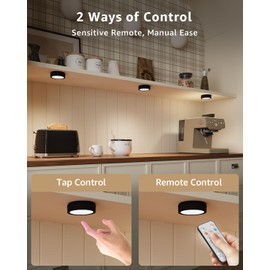 LED Puck Lights Rechargeable with Remote, Black Stick On Lights for Closet Battery Operated Push Button Light Magnetic Under Cabinet Tap Lights USB Bookshelf Light Wireless Kitchen Counter Touch Light