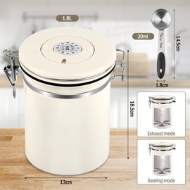 Airtight Stainless Steel Coffee Canister, Vacuum Coffee Canister, 1.8 L Coffee Bean Container with Stainless Steel Spoon and Time Attendance Storage, for Tea Nuts, Cocoa Long, White