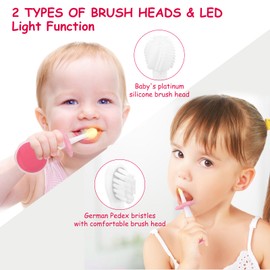 Kids Electric Toothbrushes with Check-in LED Light, Toddler Electric Toothbrush, Wireless Charge, Silicone Handle, 4 Modes, 3 Brush Heads for Ages 8 Months+ (Pink+3 Brush)