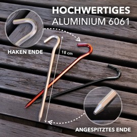 ACTIVE SPARK High-quality sturdy aluminium tent pegs with pointed hook end, set of 10, silver, durable, robust and lightweight + carry bag, camping accessories, ground anchors, ground pegs