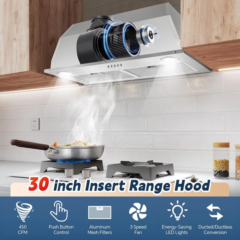 Zomagas 30 inch Built-in/Insert Range Hood 450CFM Kitchen Ducted/Ductless Vent