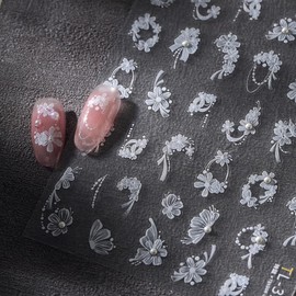 Flower Nail Stickers Pearls Nail Art Stickers 5D Embossed Self Adhesive Summer Nail Decals Florals Nail Design Women Girls Art Decals Decoration Accessories for DIY Manicure 1 Sheet
