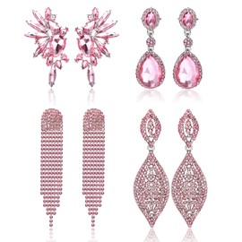Sanfenly Pink Clip On Earrings Women Dangle, Large Long Dangling Non Pierced Earrings Elegant Formal Big Bling Rhinestone Crystal Simulated Diamond Clip Earrings for Women Non Pierced Ears